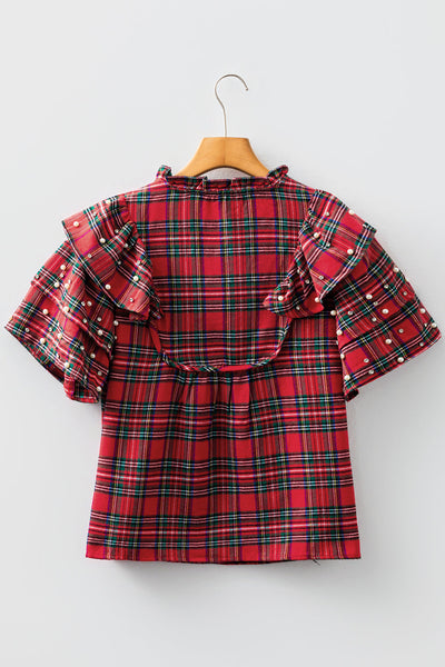 women's pearl-embellished red plaid ruffle sleeve blouse made for easy styling and wardrobe coordination, with premium-like structure and finish. with