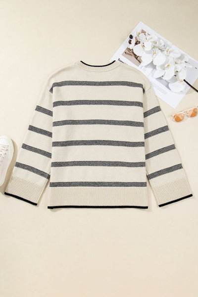 Cozy Plus Size Apricot Stripe Sweater for Women Stylish Crew Neck with Wide Sleeves & Drop Shoulders