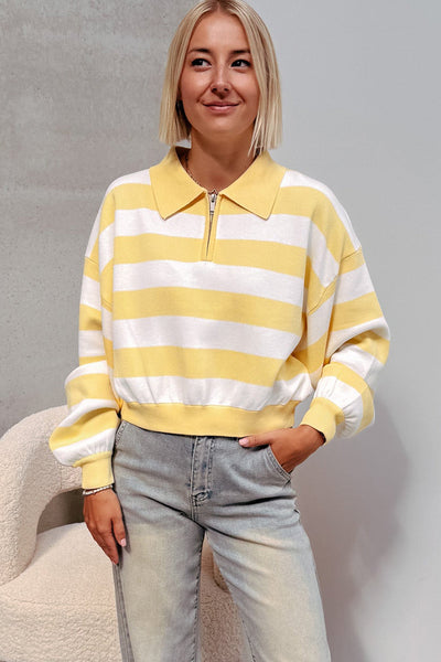 Effortless Casual Women's Yellow Striped Zipped Sweater with Drop Shoulders for Ultimate Comfort and Style