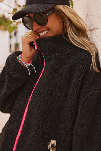 Cozy Women's Black Fuzzy Sherpa Jacket with Contrast Trim, Full Zip Closure, and Practical Pockets for Effortless Style