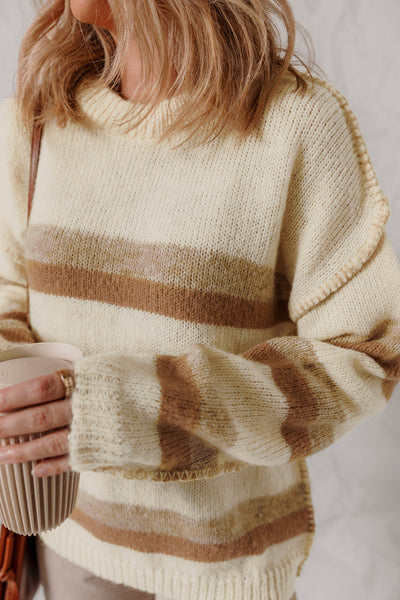 Women's Casual Khaki Stripe Knit Sweater with Exposed Seams, Drop Shoulder, and Relaxed Fit for Effortless Style