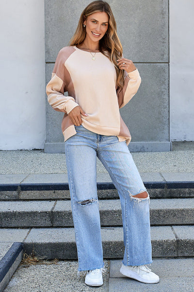 women's color block waffle knit raglan sweatshirt made for easy styling and wardrobe coordination, with premium-like structure and finish. with