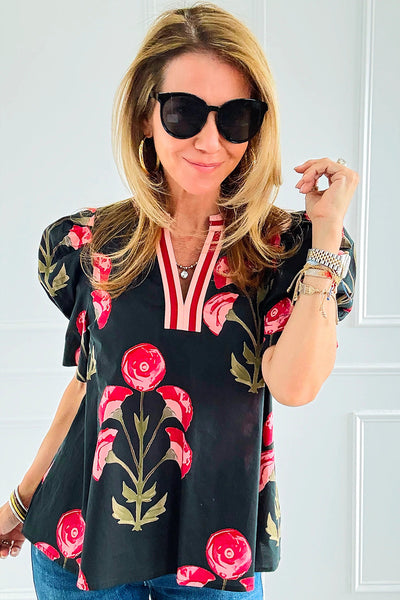 Women's Casual Elegance Black Floral Puff Sleeve Blouse with Striped Contrast - Chic V-Neck Top for Everyday Style