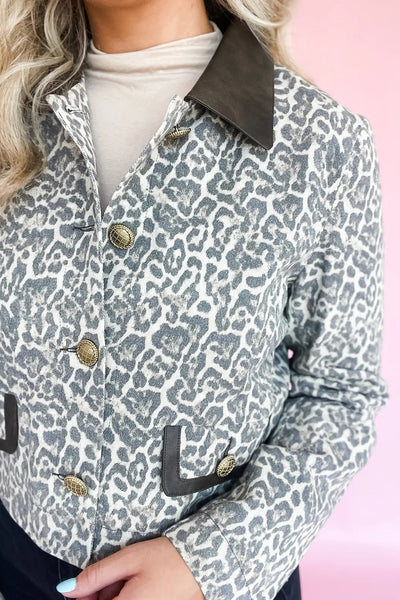 Women's Black Leopard Print Jacket with Button Flap, Contrast PU Leather Collar, Stylish Patchwork Design made for easy styling and wardrobe