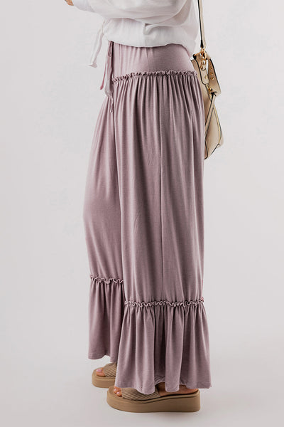 Women's Mauve Tiered Frill Wide-Leg Pants with Drawstring