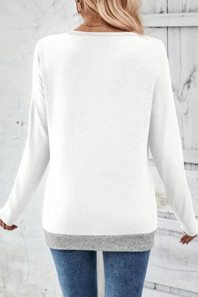 Women's White V-Neck Colorblock Top with Ruched Button Detail