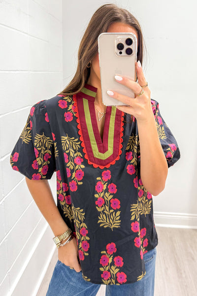 Trendy Floral Print Black Blouse for Women - Short Bubble Sleeves, Slit Neckline, Chic and Stylish Casual Top