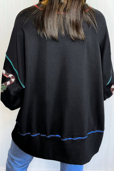 Women's Black Sequin Candy Cane Heart Holiday Sweatshirt