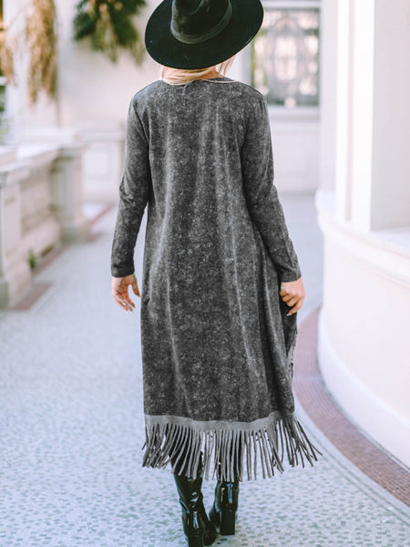 Women's Chic Black Fringed Hem Cardigan with Pockets