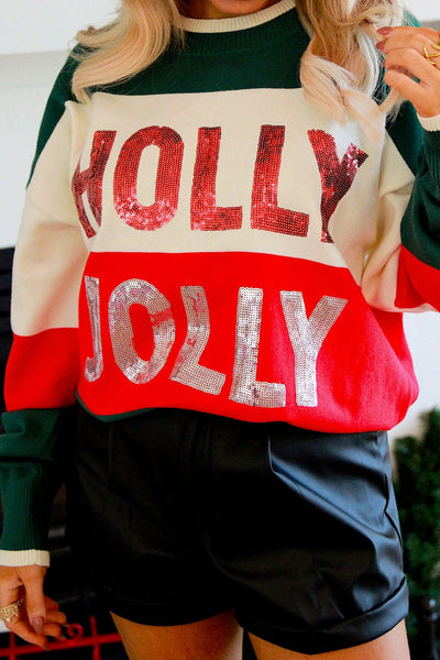 Festive Women's Green Sequined Crew Neck Sweater - HOLLY JOLLY Color Block Design for Style and Cozy Comfort