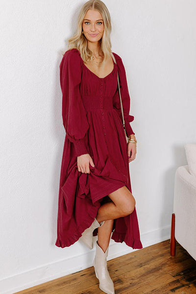 Effortless Women's Racing Red Flared Dress with Smocked High Waist, Button-Down Front, and Long Sleeves for Chic Style