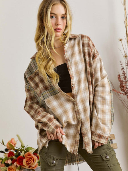 Rustic Brown Patchwork Plaid Shacket with Raw Edge Finishing