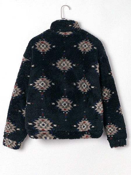 Western Black Aztec Sherpa Jacket with Zipper Collar