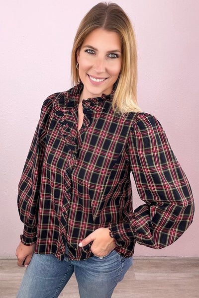 Trendy Women's Multicolored Plaid Puff Sleeve Blouse with Frill Collar - Chic Style for Fashionable Outfits