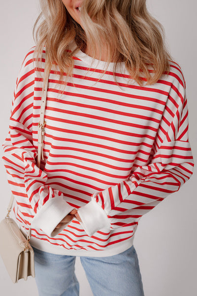 Cozy Women's Orange Striped Drop Shoulder Sweatshirt - Relaxed Fit Crew Neck for Effortless Casual Style