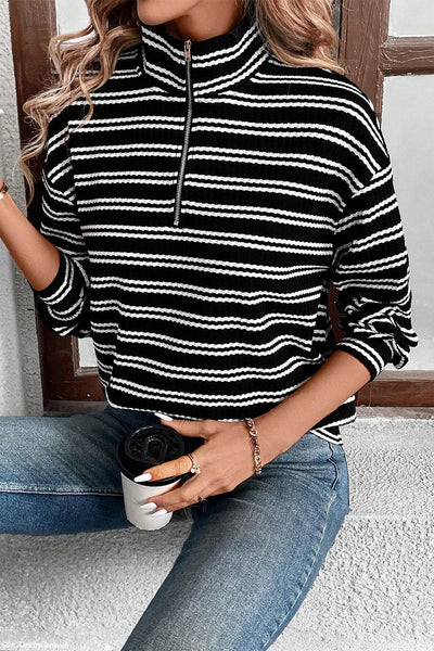 Women's Textured Black Striped Quarter Zip Long Sleeve Top - Stylish Fit for Casual Outings and Everyday Wear