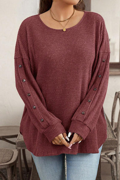 Plus Size Women's Vibrant Wild Ginger Ribbed Long Sleeve Top with Buttons - Casual Loose Fit for Effortless Style