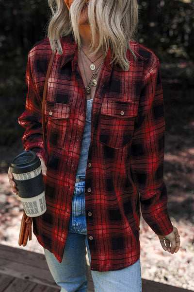 Cozy Women's Red Retro Plaid Shacket with Double Flap Pockets - Perfect Layering Piece for a Chic Fall Look