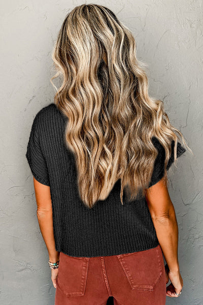 Casual Women's Black Ribbed Knit Short Sleeve Sweater with Patch Pockets - Chic Everyday Essential for Effortless Style