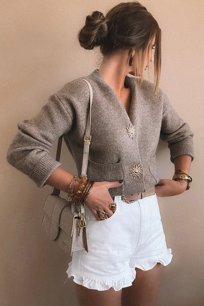 Stylish Women's Taupe V-Neck Cardigan Sweater with Metal Buttons - Comfortable Loose Fit for Every Occasion