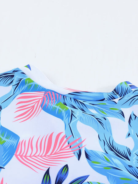 Women's Floral Print Zip Front Half Sleeve Beach One Piece Swimsuit