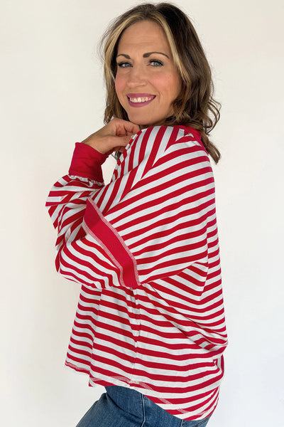 Women's Red Striped V-Neck Balloon Sleeve Pullover with Exposed Seams