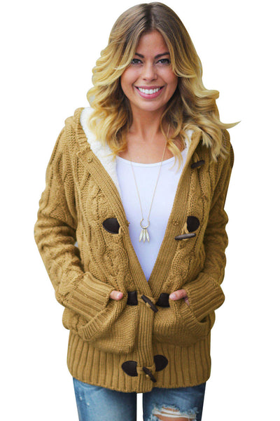 Women's Stylish Knit Cardigan - Cozy Fur Hooded Sweater with Horn Buttons for Cold Weather Fashion