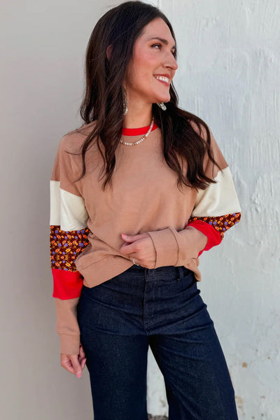 Women's Smoke Gray Floral Patchwork Drop Shoulder Sweatshirt - Trendy Casual Layer for Effortless Everyday Style