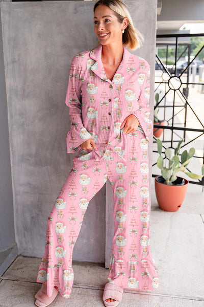 Cozy Women's Pink Ruffled Christmas Pajama Set - Festive 2-Piece Ribbed PJs for Comfortable Holiday Nights