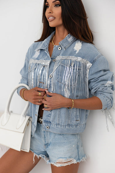 Women's Sky Blue Sequin Fringe Distressed Denim Jacket