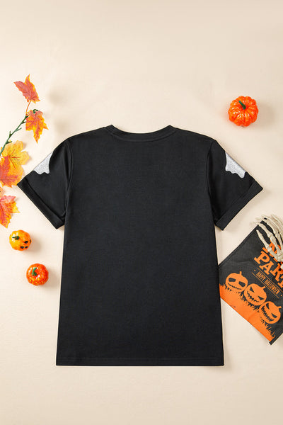 Women's Black Glitter Ghost Pattern Crew Neck Halloween T-Shirt - Fun & Festive Casual Wear for Spooky Season