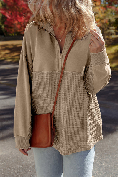 Women's Cozy Parchment Waffle Knit Half-Zip Sweatshirt - Stylish Patchwork Design for Effortless Casual Chic