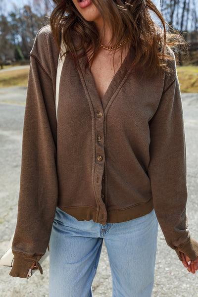 Cozy Women's Coffee V-Neck Button-Up Cardigan - Versatile Knit Layer for Effortless Everyday Style