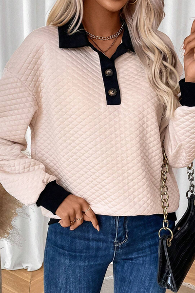 Cozy Women's Oatmeal Colorblock Sweatshirt with Buttoned Collar - Chic Fall Top for Effortless Casual Style