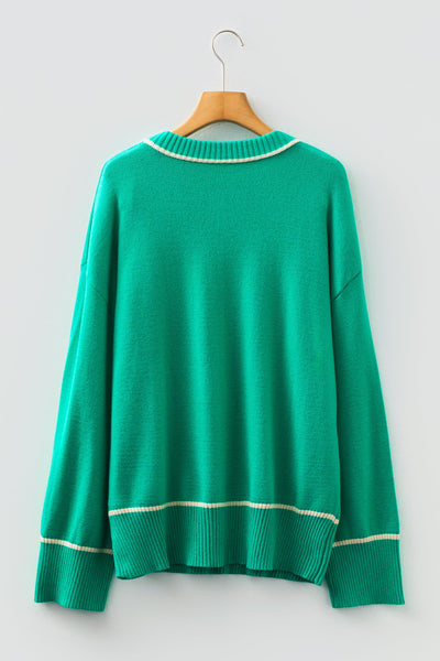 Women's Sea Green Viscose Blend Relaxed Knit Sweater with Trim