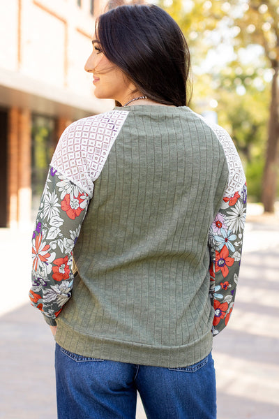 Stylish Women's Laurel Green Floral Patchwork Long Sleeve Blouse - Ribbed, Comfortable Fit for Effortless Everyday Chic