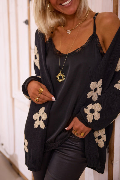 Women's Cozy Black Floral Print Knitted Cardigan - Open Front, Loose Fit for Casual Outings and Layering