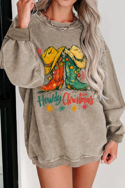 Women's Textured Khaki Howdy Christmas Western Graphic Sweatshirt