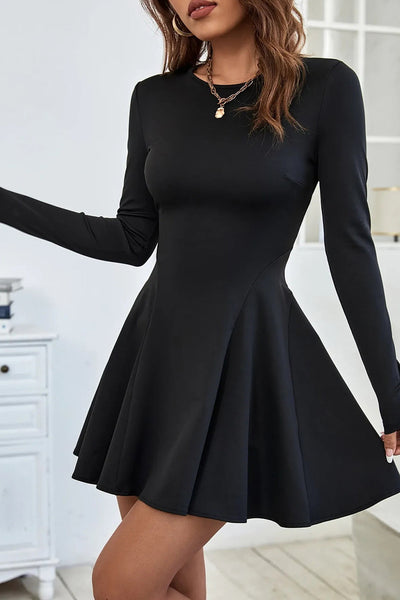 Elegant Women's Black Long Sleeve Fit-and-Flare Mini Dress - Versatile Casual Style for Any Occasion made for easy styling and wardrobe coordination,