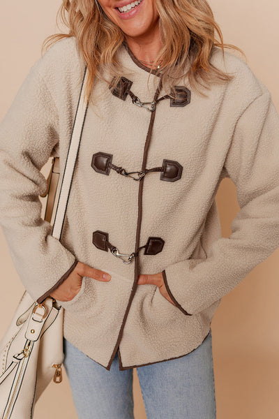 Women's Apricot Faux Shearling Toggle Coat with Contrast Piping