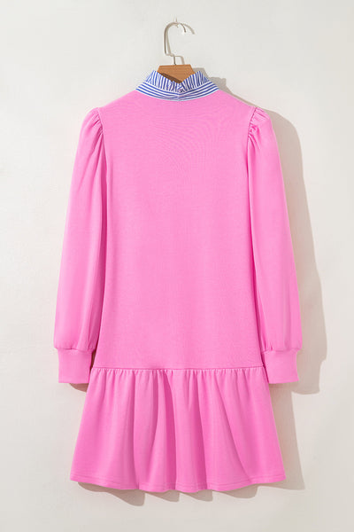 Trendy Women's Pink Striped Mini Dress with Puff Sleeves, Ruffle Hem & Contrast Collar Perfect for Summer Events