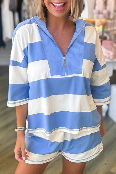 Women's Sky Blue Striped Half-Zip Tee and Shorts Set