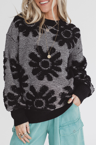 Chic Women's Black Floral Plush Sweater with Drop Shoulder Design for a Relaxed Fit and Cozy Style