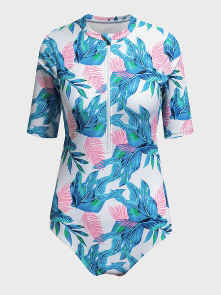 Women's Floral Print Zip Front Half Sleeve Beach One Piece Swimsuit