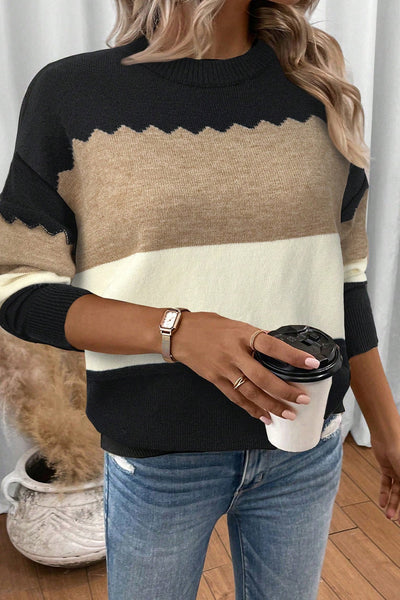 Stylish Women's Black Colorblock Crew Neck Sweater with Drop Shoulders for Ultimate Comfort and Effortless Chic