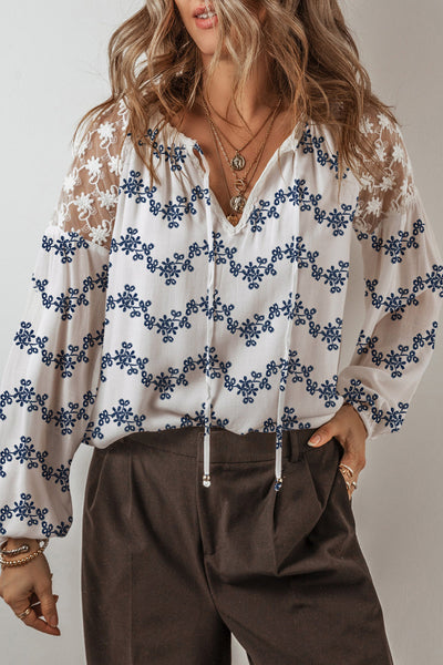 Chic Ivory Lace Patchwork Blouse for Women - Lightweight, Versatile Top for Casual and Dressy Occasions