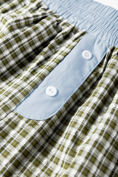 Women's Brown Gingham High-Waist Boxer Pants with Blue Contrast