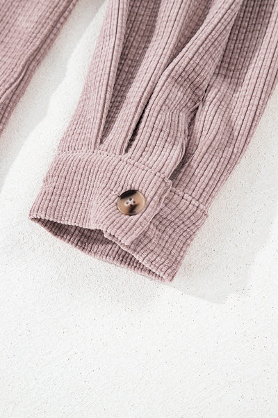 Trendy Women's Light Pink Corduroy Shacket with Flap Pockets and Button Closure - Stylish Layering Essential