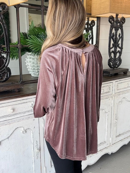 Velvet Keyhole Back Swing Blouse in Rose Tan