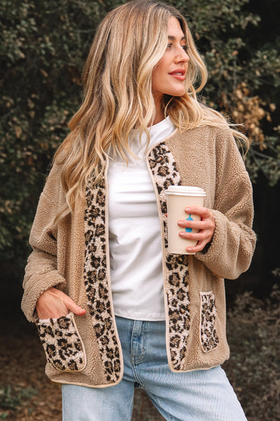 Women's Leopard Accent Camel Sherpa Jacket with Patch Pockets